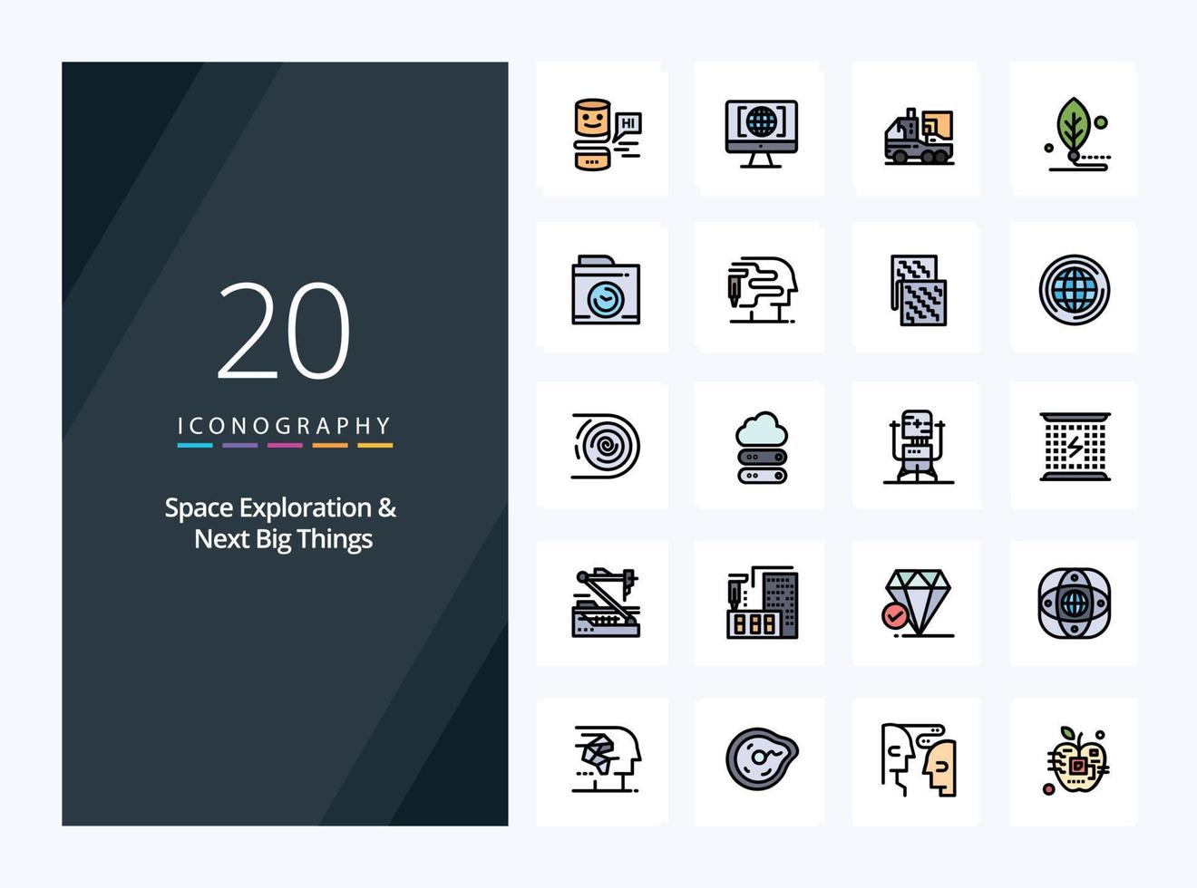 20 Space Exploration And Next Big Things line Filled icon for presentation vector