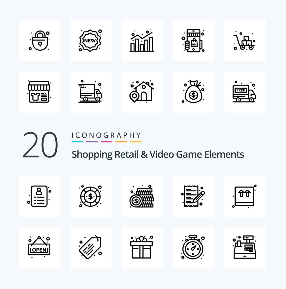 20 Shoping Retail And Video Game Elements Line icon Pack like board shopping ecommerce package box vector