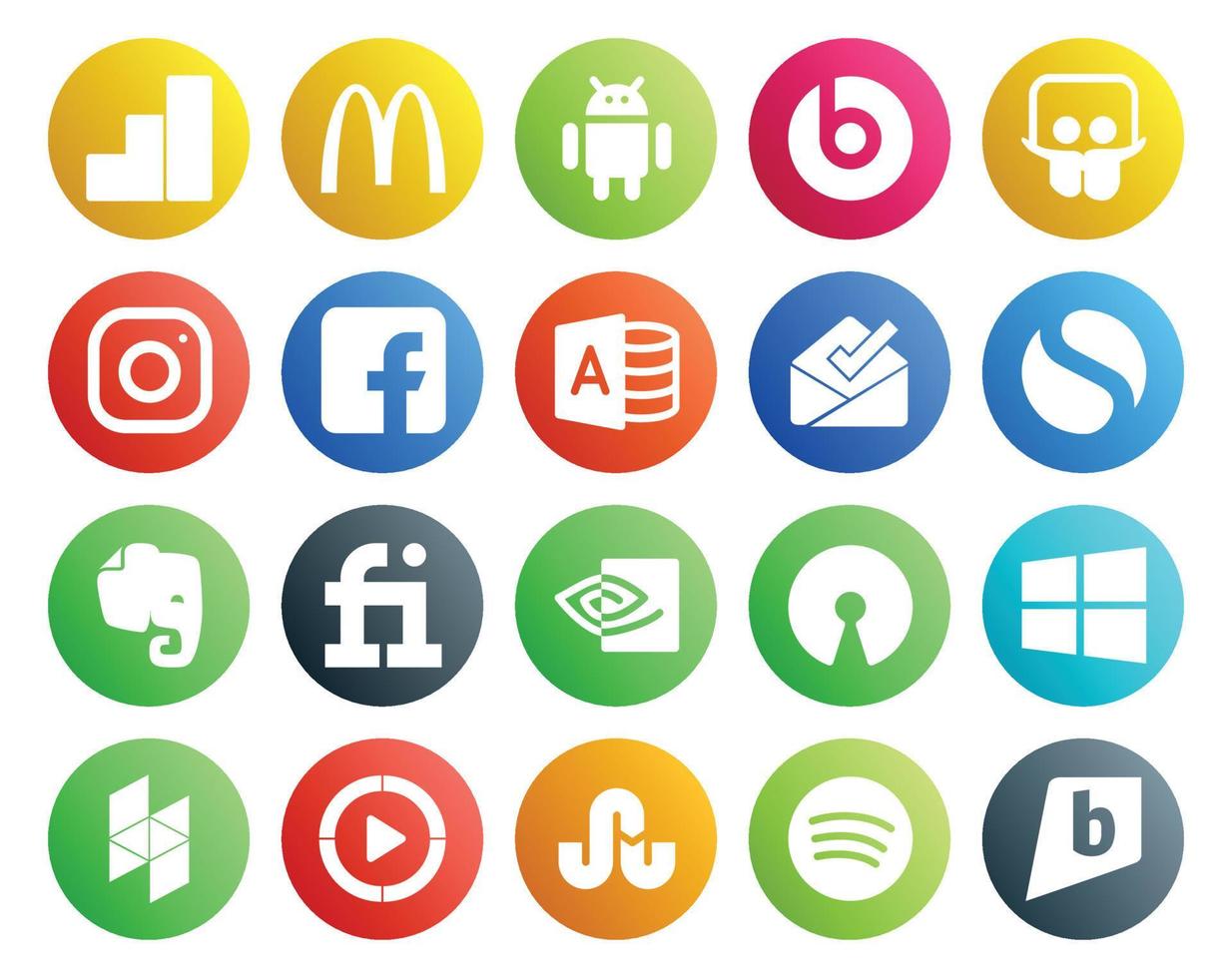 Paquete de 20 íconos de redes sociales que incluye video houzz bandeja de entrada windows nvidia vector