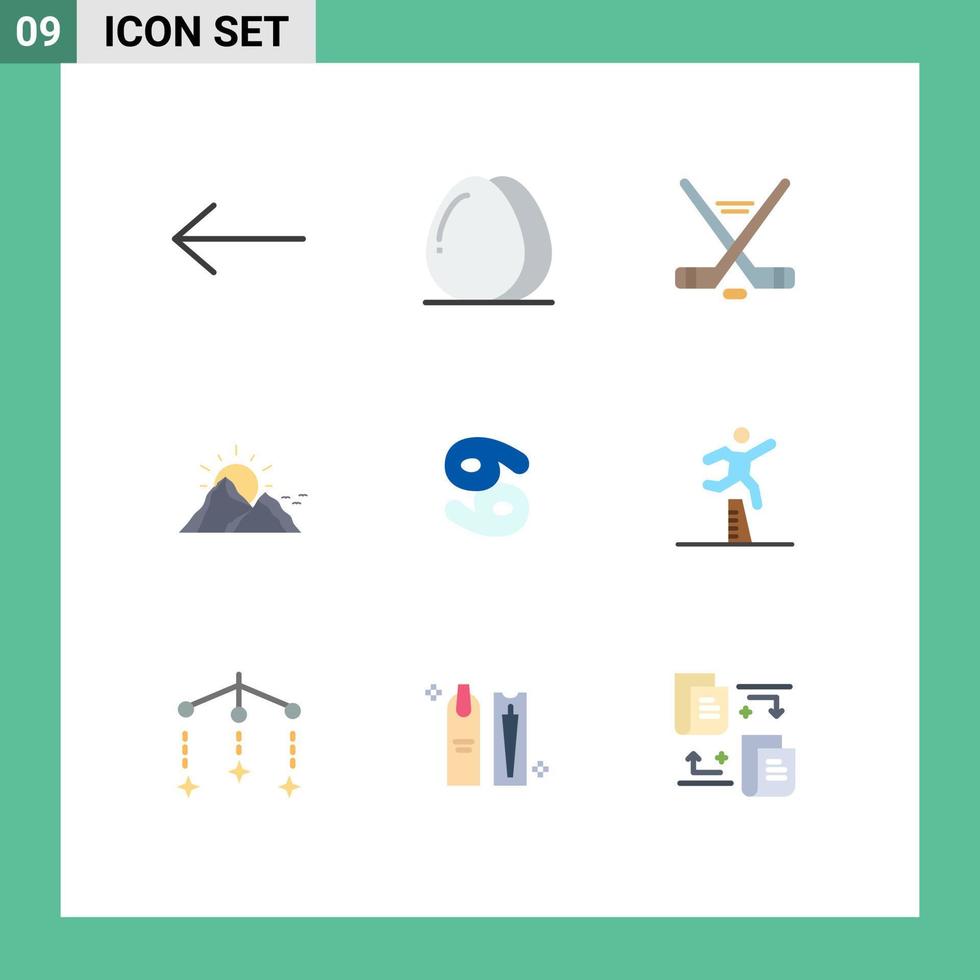 Group of 9 Flat Colors Signs and Symbols for cancer sun ice sport mountain landscape Editable Vector Design Elements