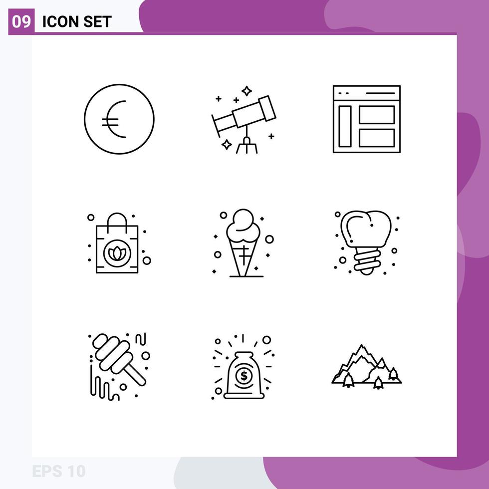 Set of 9 Vector Outlines on Grid for implanting cream sidebar cone purse Editable Vector Design Elements