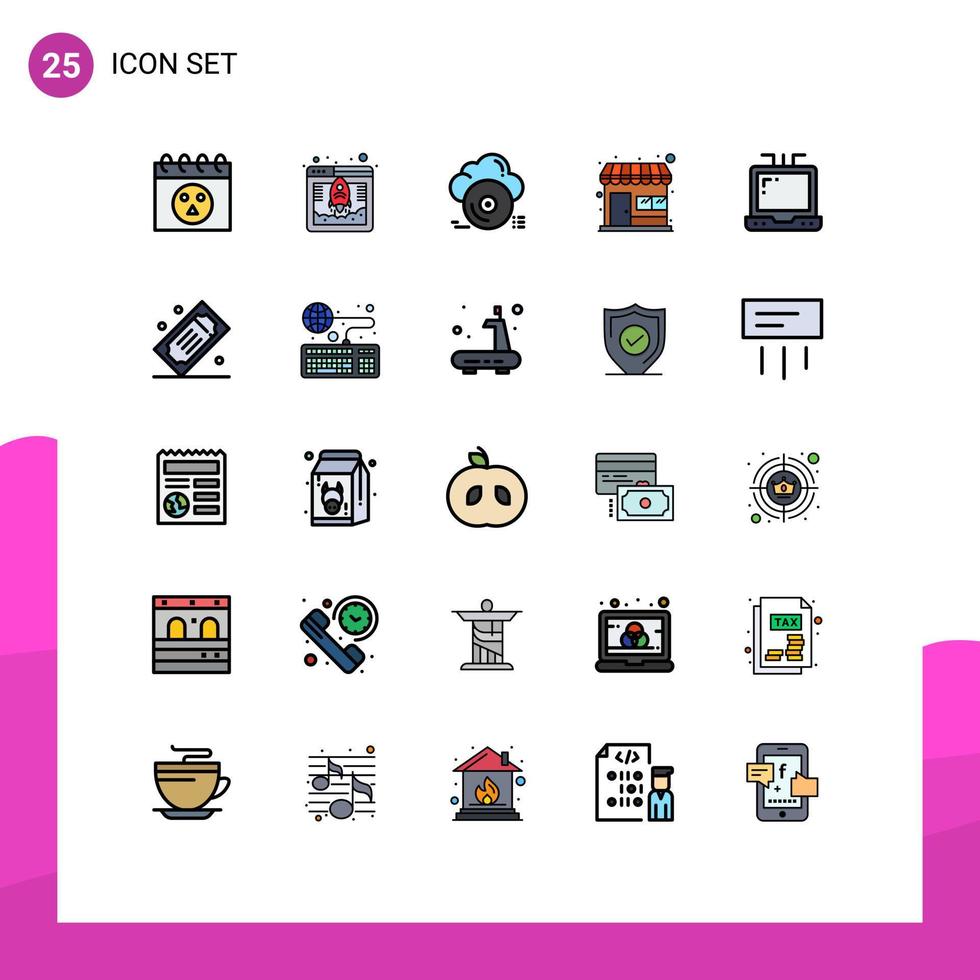 25 Universal Filled line Flat Color Signs Symbols of office store disc shop market Editable Vector Design Elements