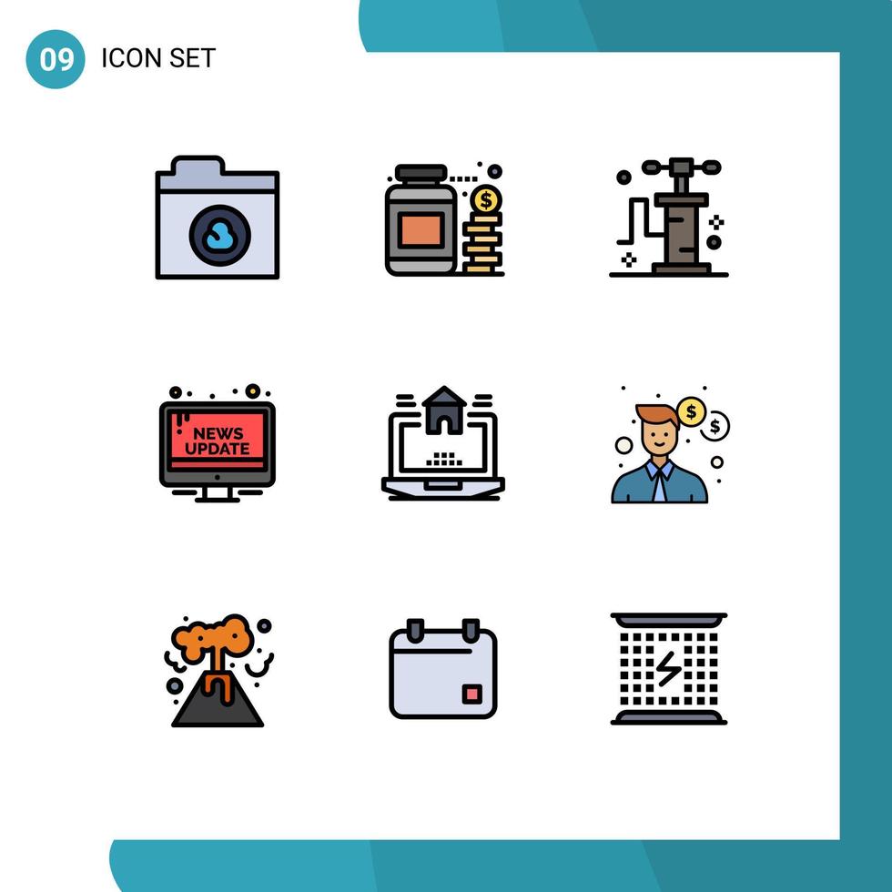 Group of 9 Modern Filledline Flat Colors Set for real laptop transport update news Editable Vector Design Elements