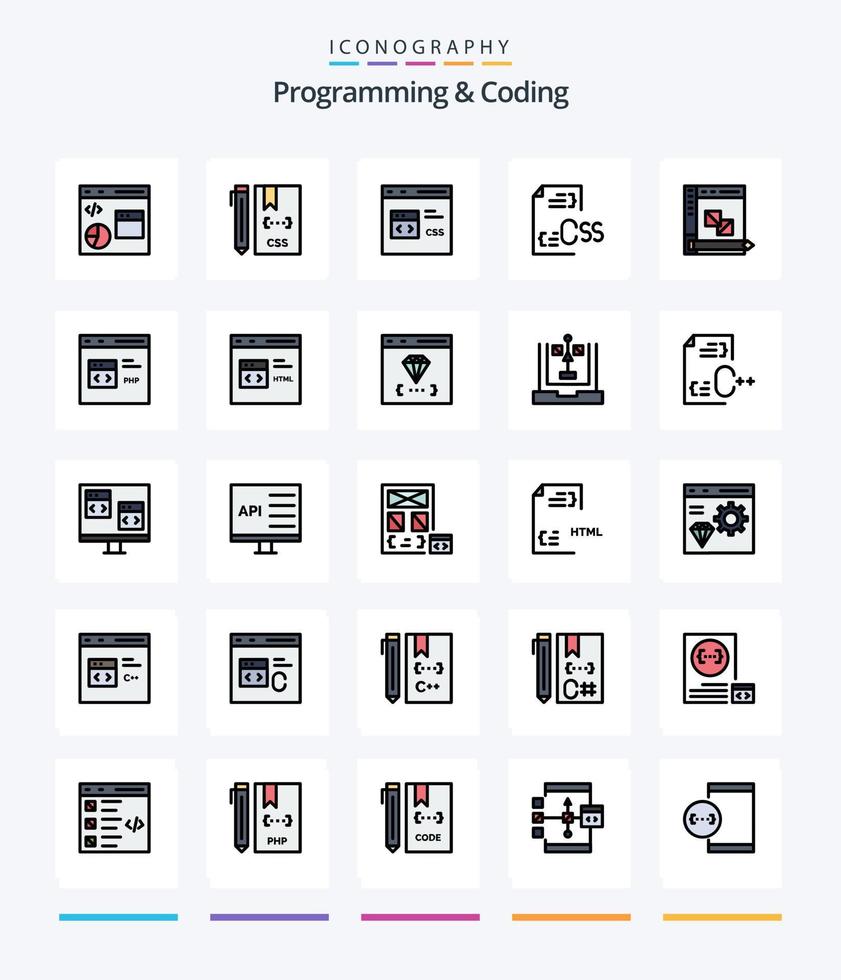 Programación creativa y codificación Paquete de iconos llenos de 25 líneas, como desarrollo. codificación. desarrollar. expediente. desarrollar vector