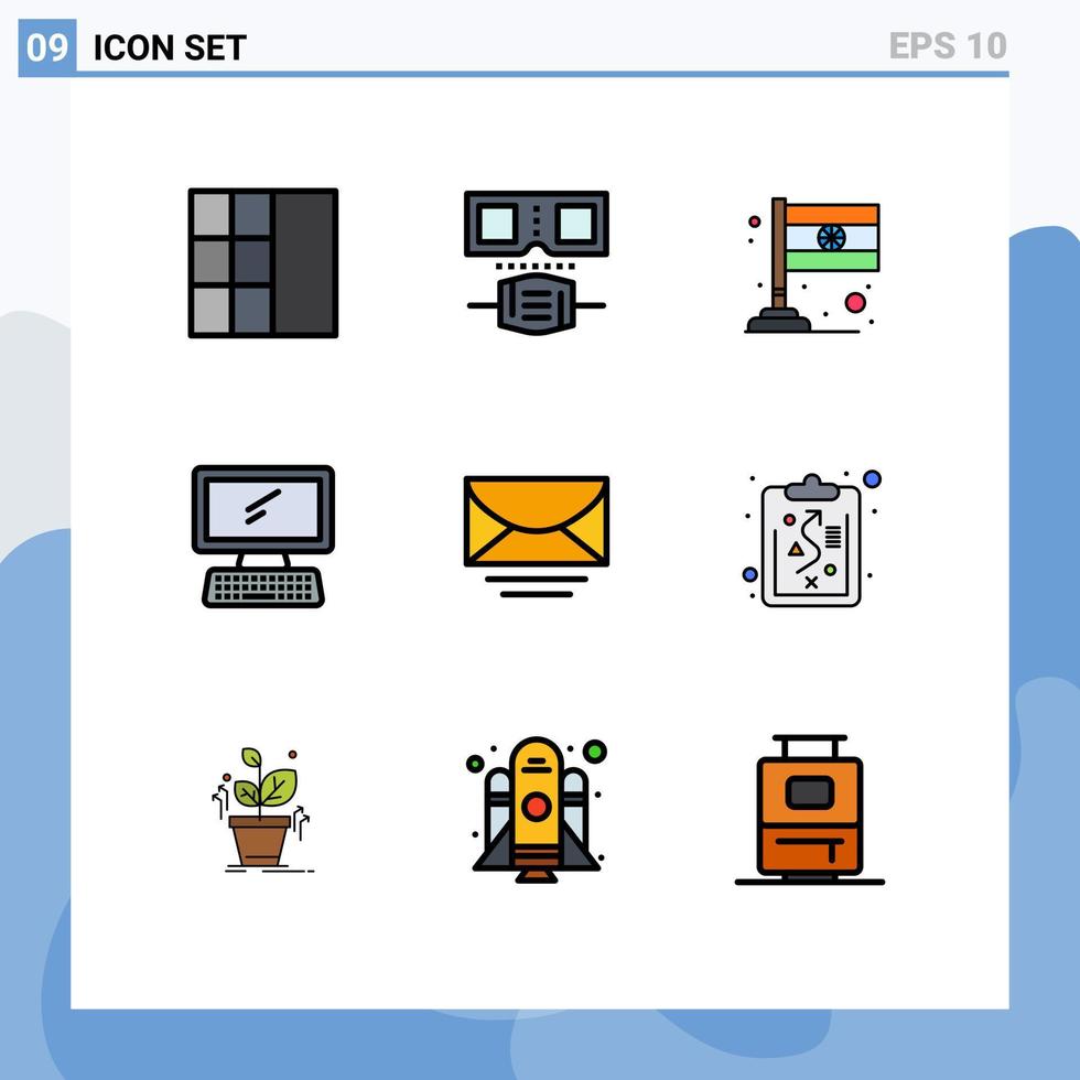 9 concepto de color plano de línea completa para sitios web móviles y aplicaciones portapapeles mensaje computadora correo electrónico pc elementos de diseño vectorial editables vector
