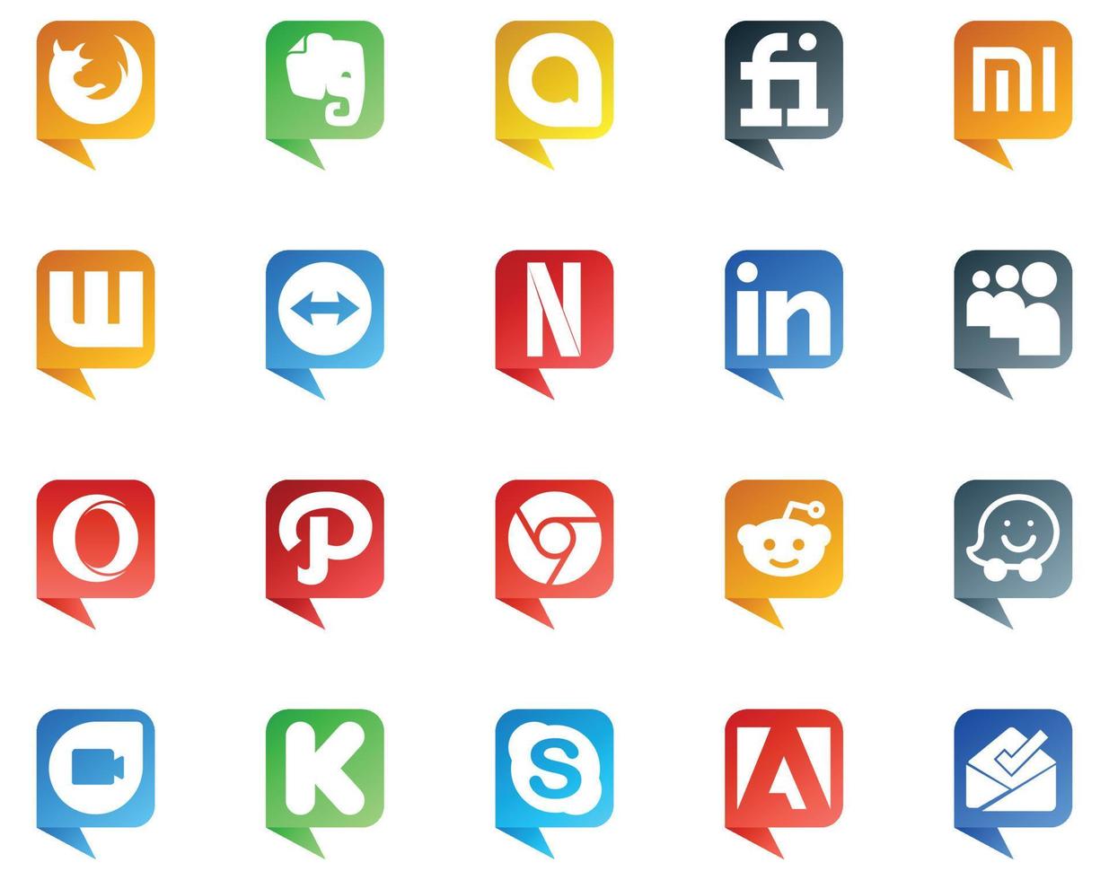 20 logotipos de estilo de burbujas de discurso de redes sociales como kickstarter waze netflix reddit path vector