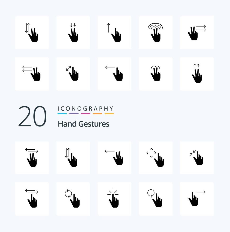 20 Hand Gestures Solid Glyph icon Pack like gestures move down gestures finger vector