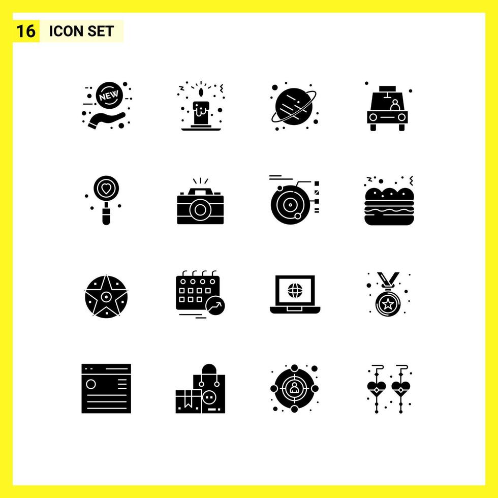 Group of 16 Modern Solid Glyphs Set for love date saturn taxi location Editable Vector Design Elements