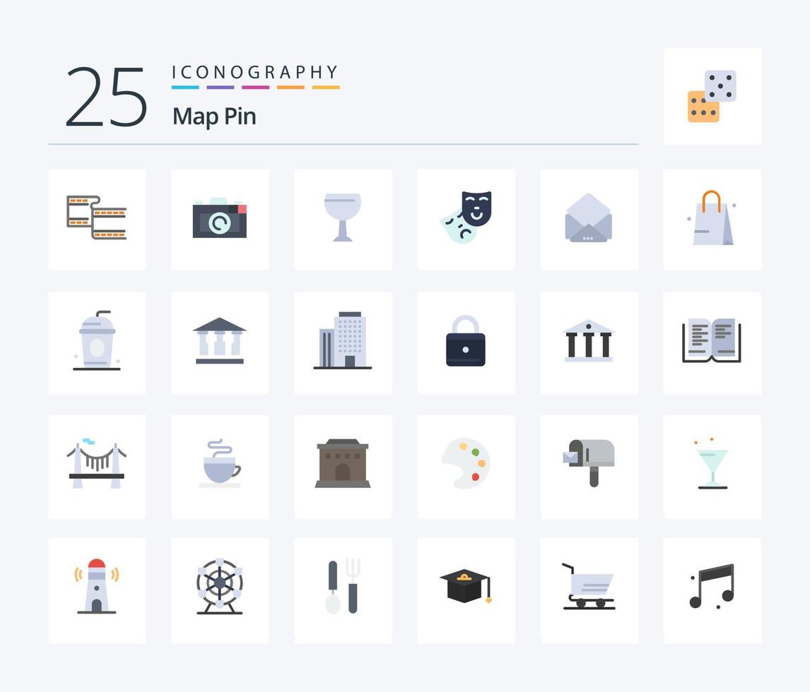 Map Pin 25 Flat Color icon pack including shopping. handbeg. beer. open. message vector