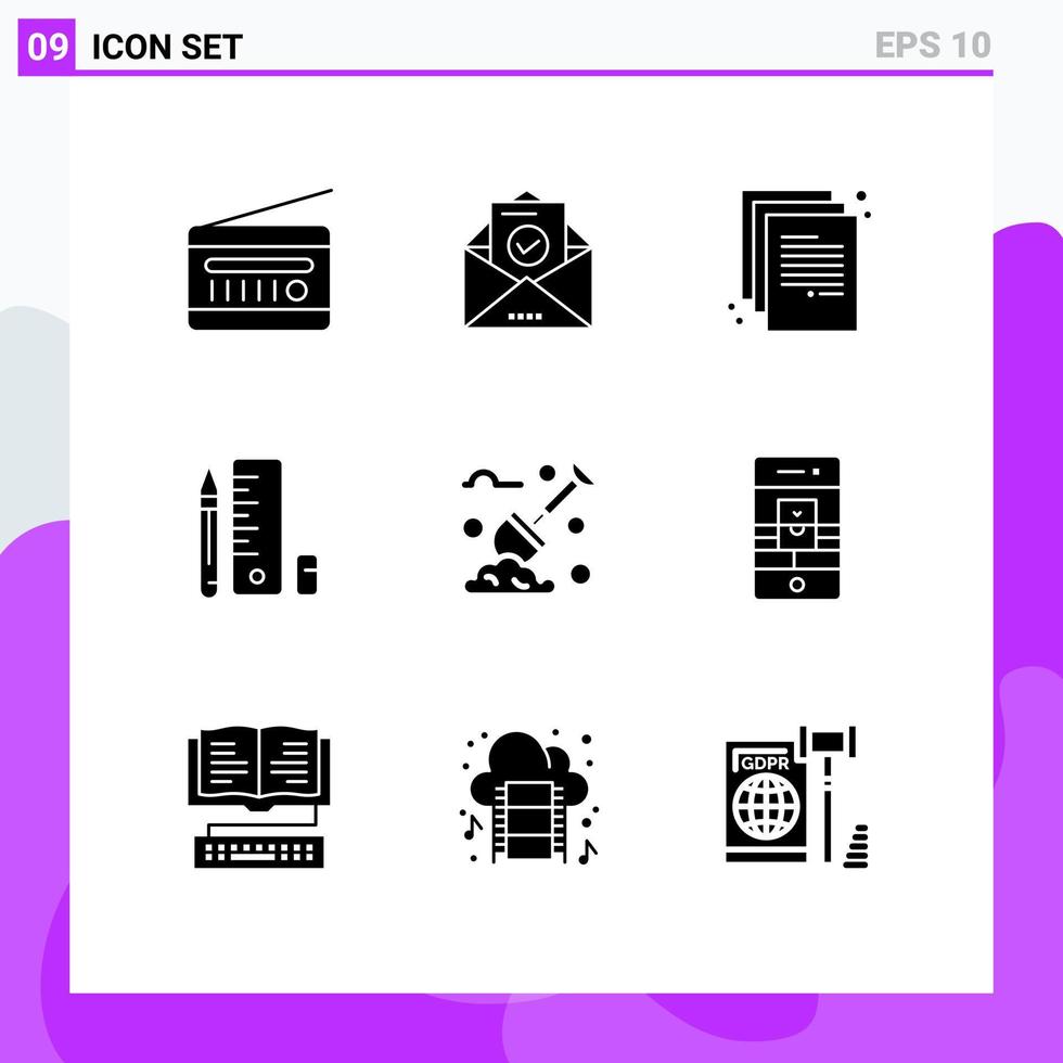 9 Thematic Vector Solid Glyphs and Editable Symbols of spade pencil education pen paper Editable Vector Design Elements