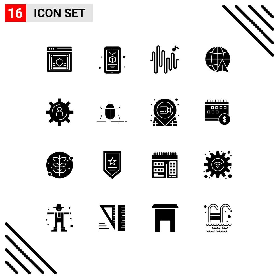 Modern Set of 16 Solid Glyphs Pictograph of production gear music development globe Editable Vector Design Elements