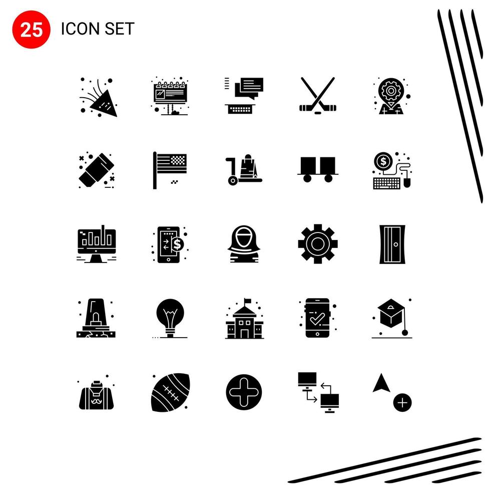 Set of 25 Vector Solid Glyphs on Grid for location gear conversation american ice sport Editable Vector Design Elements