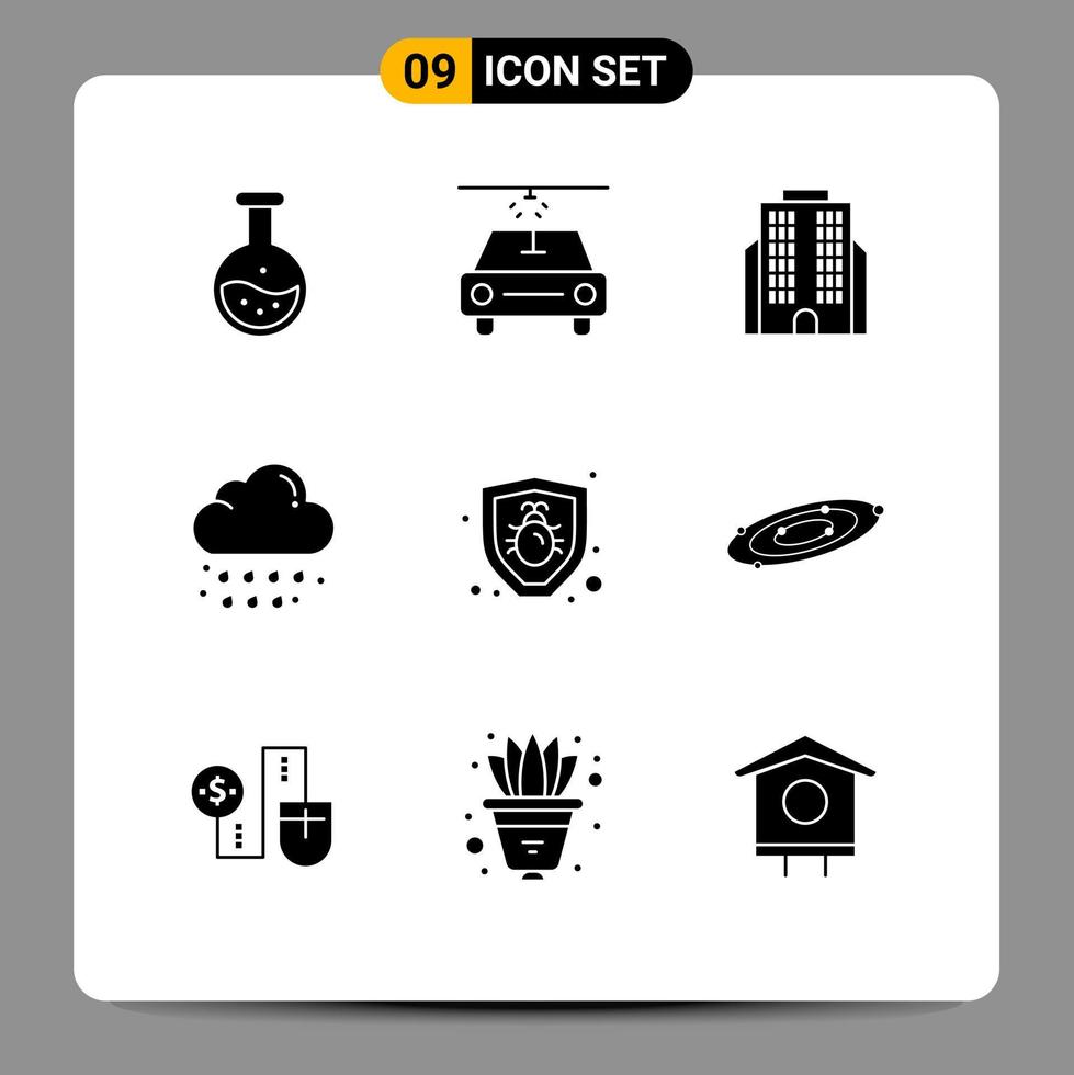 Pictogram Set of 9 Simple Solid Glyphs of galaxy protection business bug rain Editable Vector Design Elements