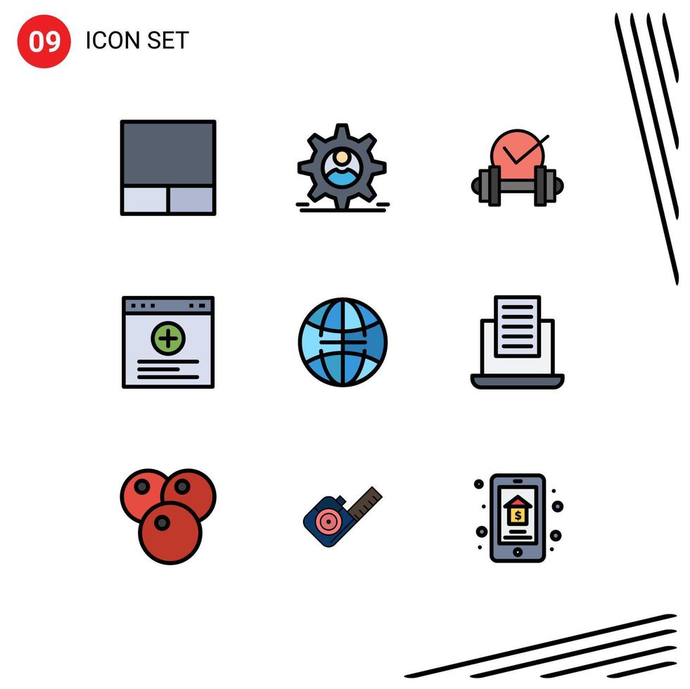 Mobile Interface Filledline Flat Color Set of 9 Pictograms of mail world dumb globe website Editable Vector Design Elements