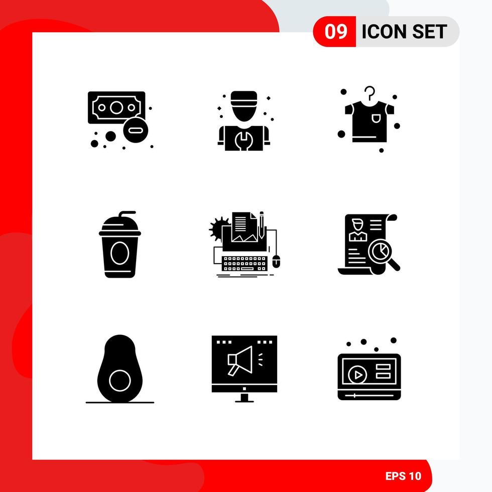 Set of 9 Vector Solid Glyphs on Grid for paper paper clothes type writer drink Editable Vector Design Elements