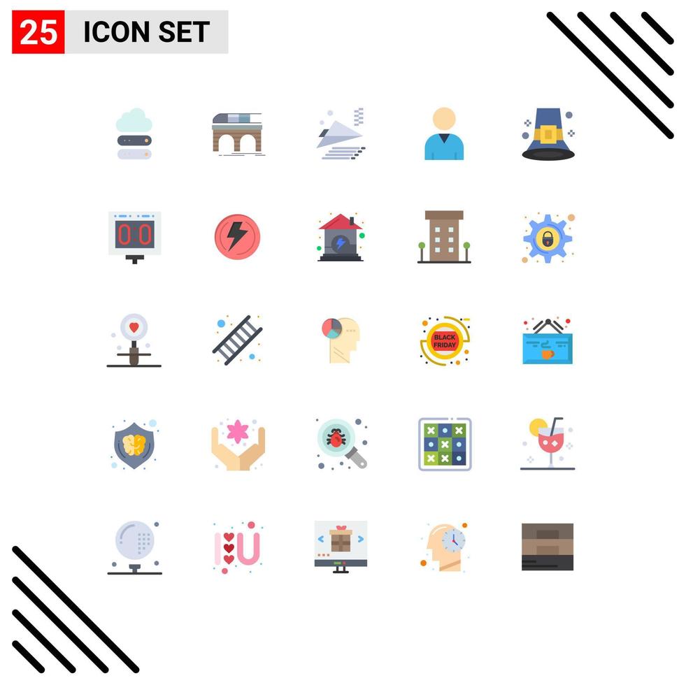 paquete de 25 signos y símbolos modernos de colores planos para medios de impresión web, como elementos de diseño de vectores editables humanos para eventos de transporte de caída de sombreros