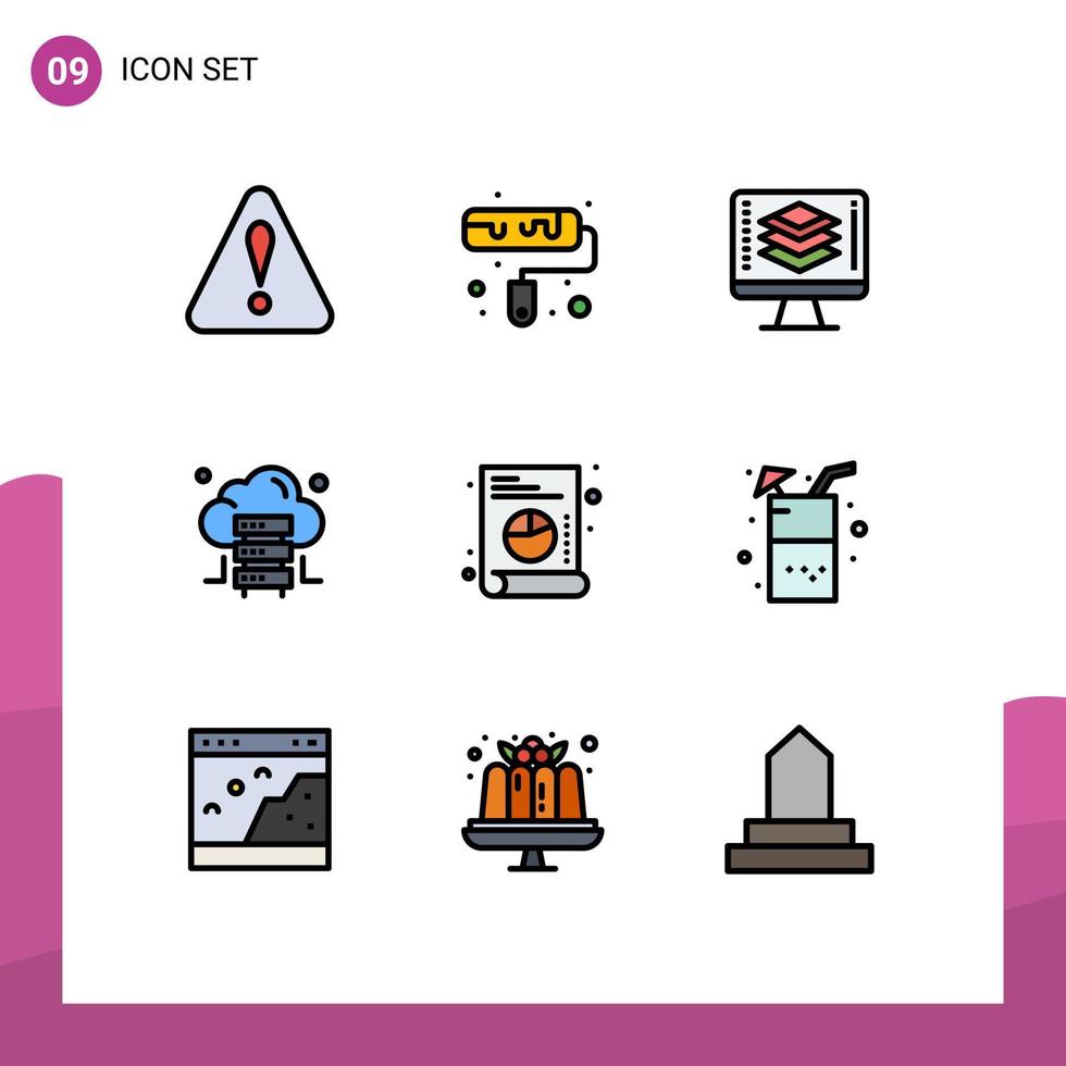 Set of 9 Modern UI Icons Symbols Signs for drink list share graph server Editable Vector Design Elements