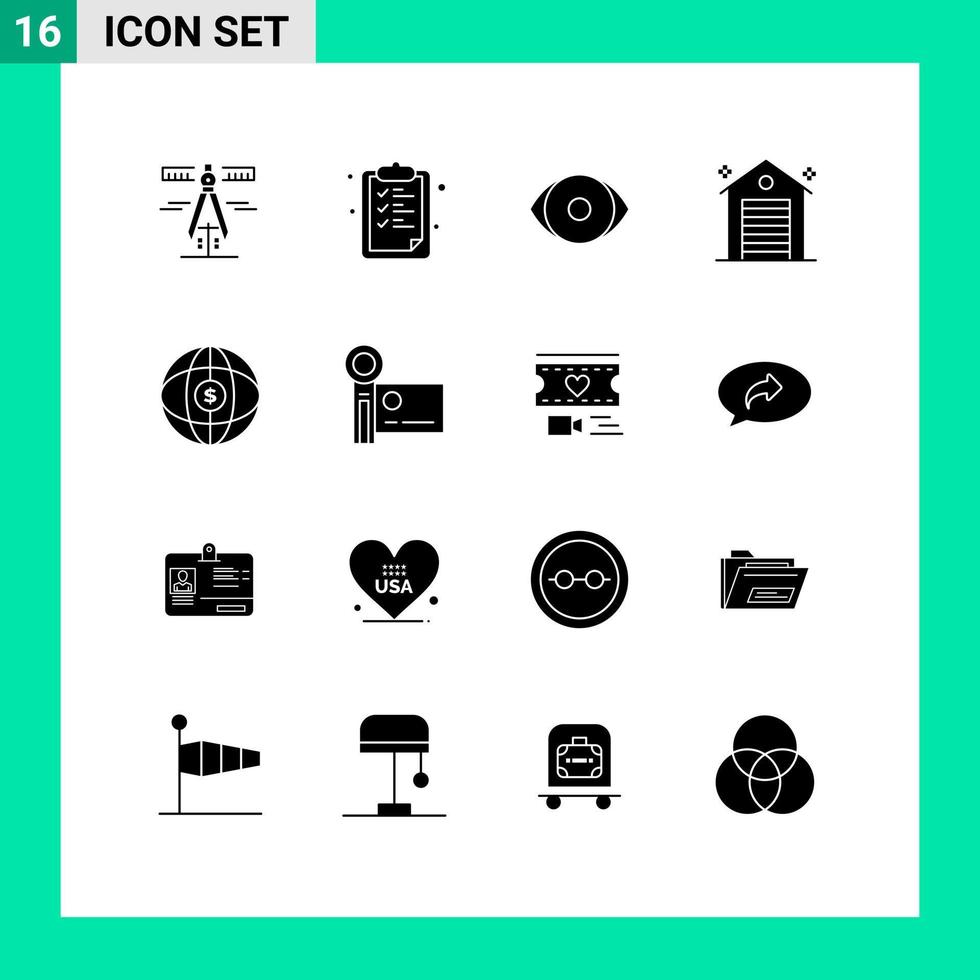 Group of 16 Solid Glyphs Signs and Symbols for globe real eye office building Editable Vector Design Elements