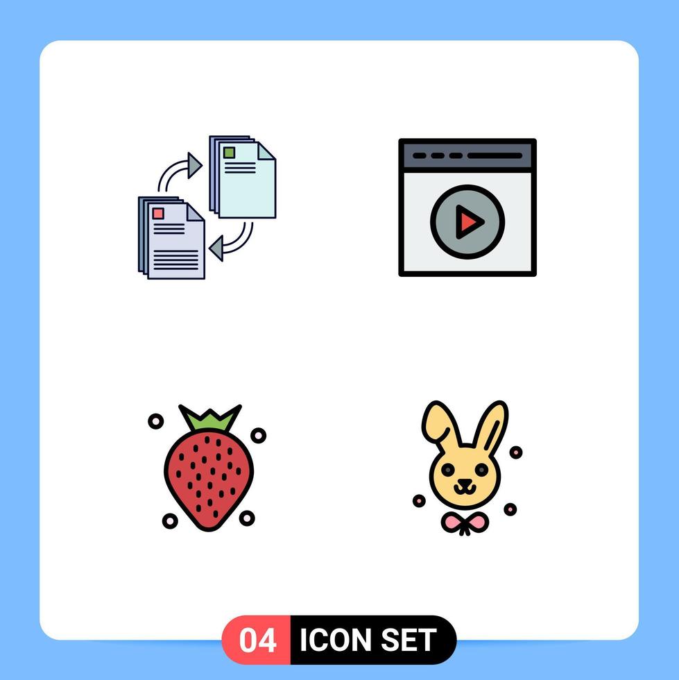 Group of 4 Filledline Flat Colors Signs and Symbols for sharing watch video document media play food Editable Vector Design Elements