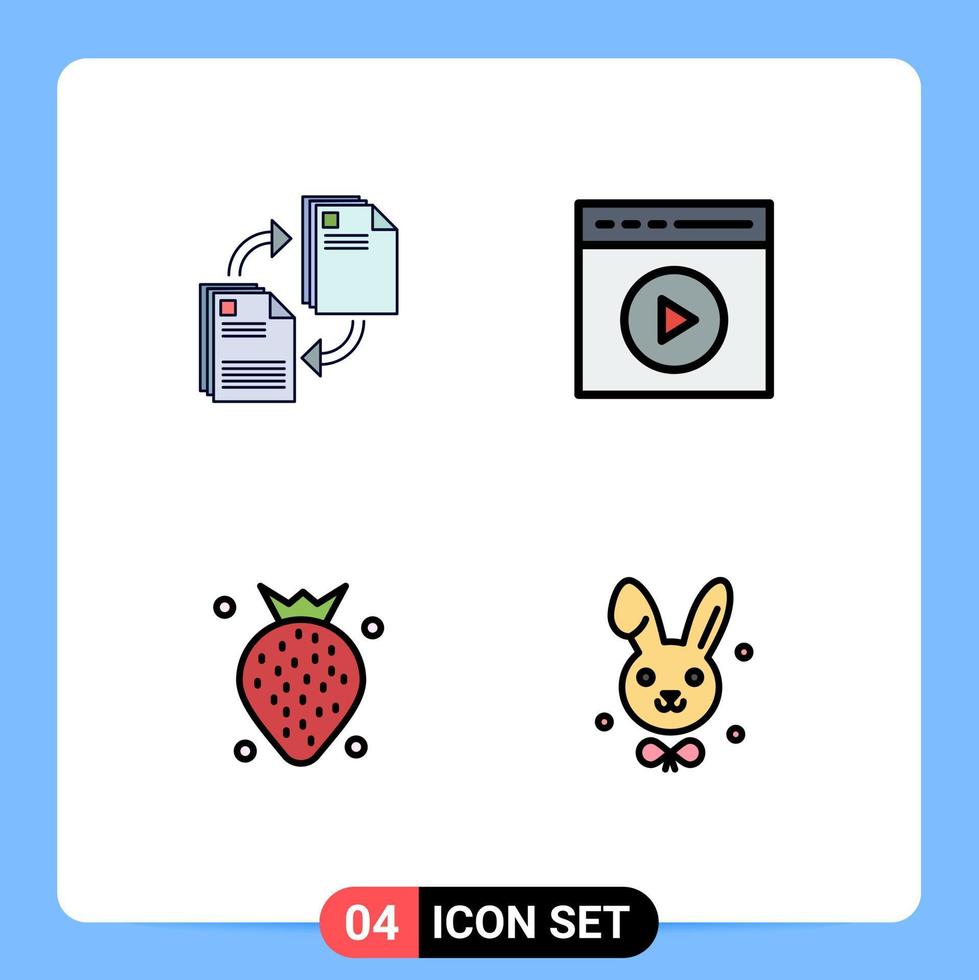 grupo de 4 signos y símbolos de colores planos de línea de llenado para compartir elementos de diseño de vectores editables de alimentos de reproducción de medios de documentos de video