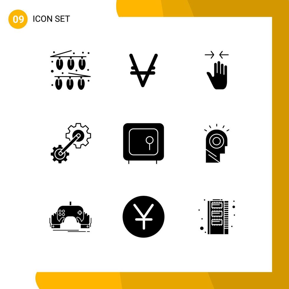 9 Universal Solid Glyph Signs Symbols of bank engineering hand cogwheel zoom in Editable Vector Design Elements