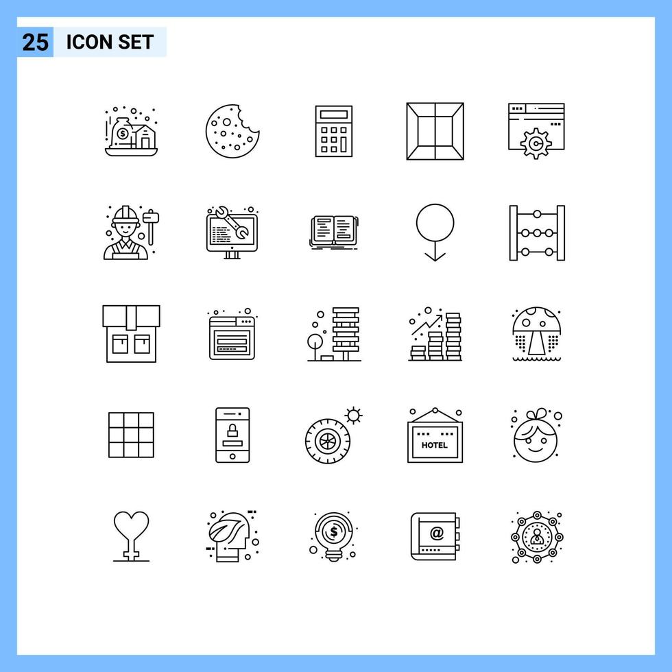 Pack of 25 Modern Lines Signs and Symbols for Web Print Media such as employee gear calculate design scan Editable Vector Design Elements