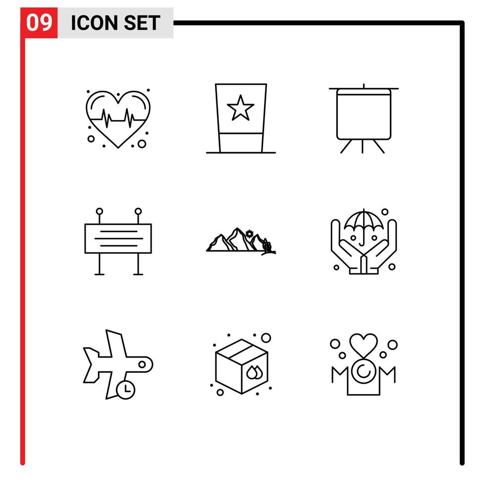 Universal Icon Symbols Group of 9 Modern Outlines of nature hill board under construction barrier construction barricade Editable Vector Design Elements