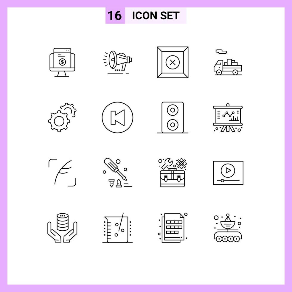 Universal Icon Symbols Group of 16 Modern Outlines of setting gear announcement transport delivery Editable Vector Design Elements