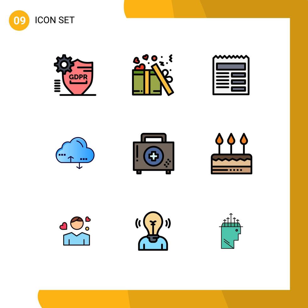 Set of 9 Vector Filledline Flat Colors on Grid for aid link valentine computing ui Editable Vector Design Elements