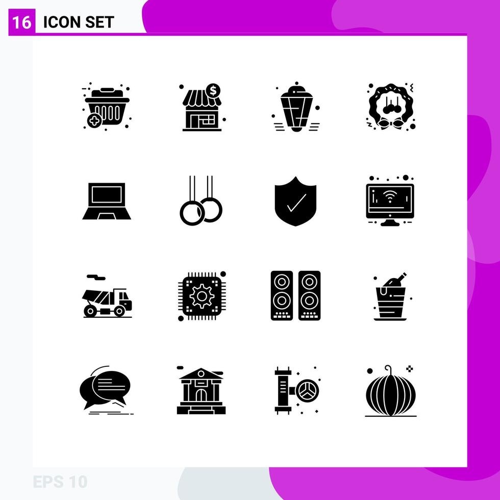 Pack of 16 creative Solid Glyphs of season wreath lantern decoration decoration Editable Vector Design Elements