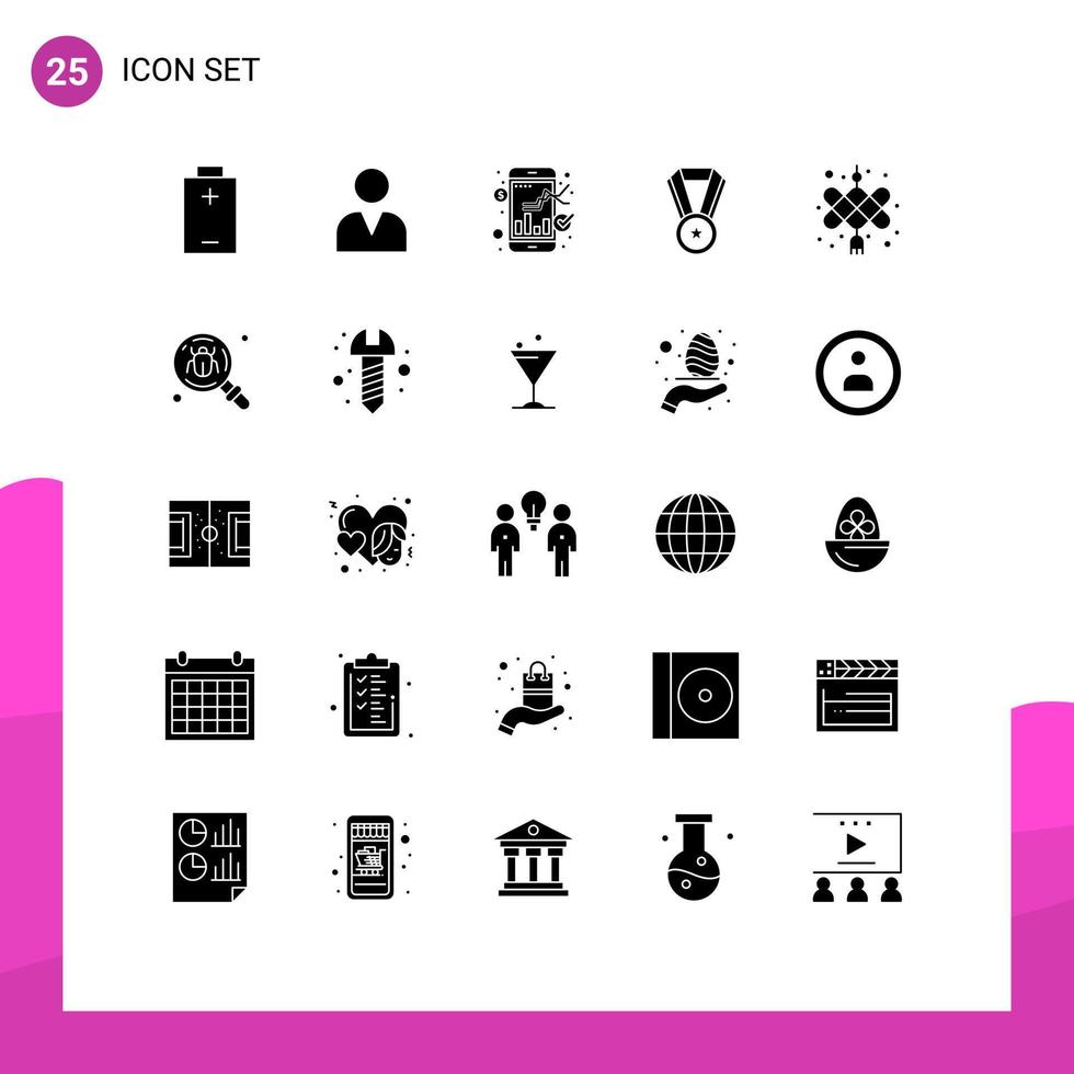 25 Universal Solid Glyph Signs Symbols of bug new year stock cny medal Editable Vector Design Elements