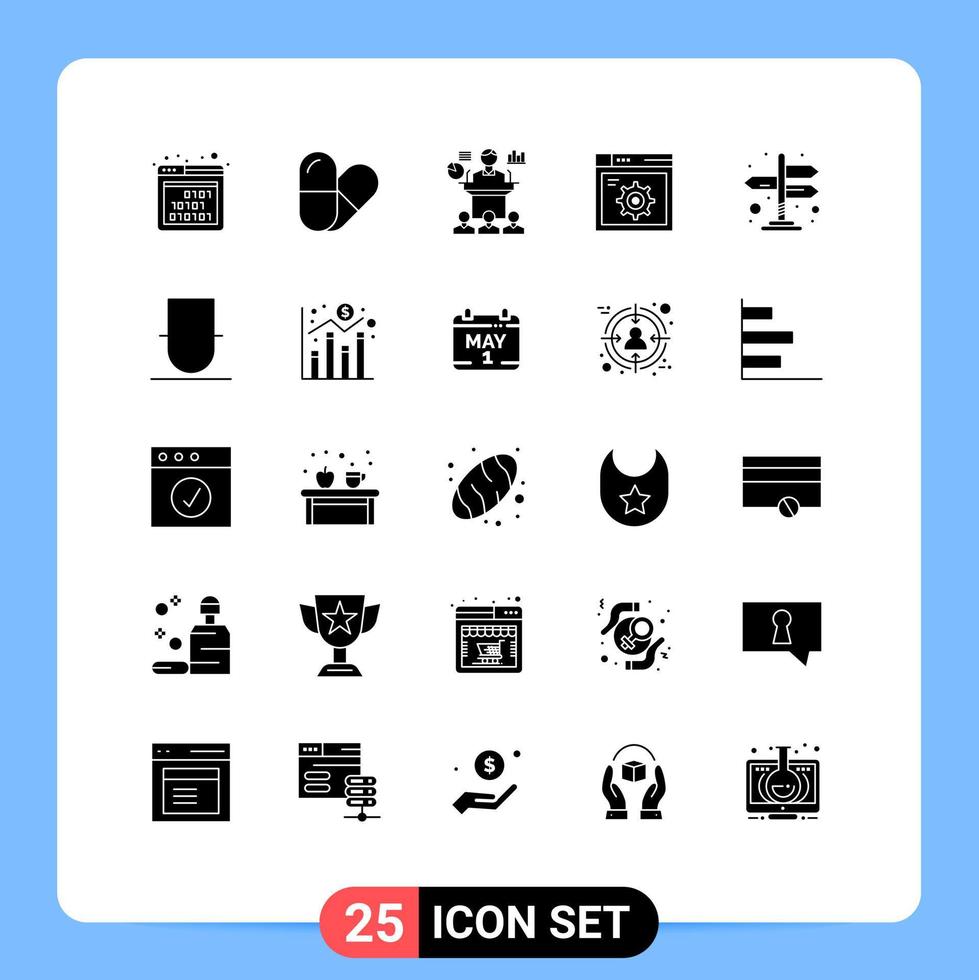 Group of 25 Modern Solid Glyphs Set for arrows directions convention internet setting Editable Vector Design Elements