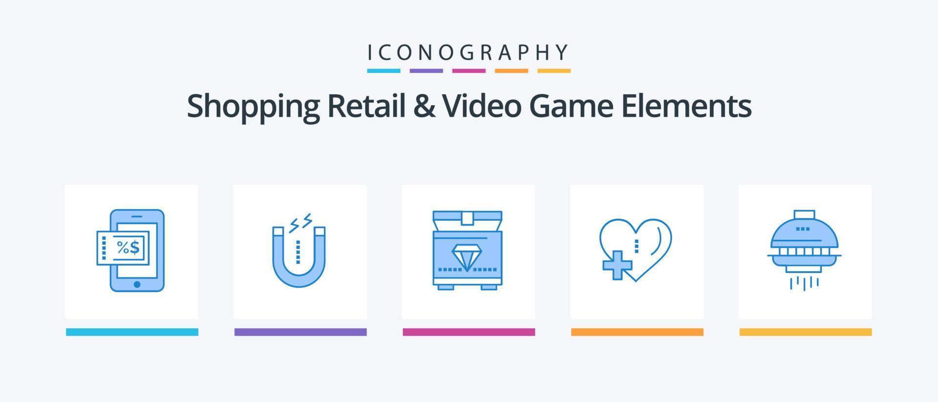 Shoping Retail And Video Game Elements Blue 5 Icon Pack Including ufo. shuttle. chest. space. add. Creative Icons Design vector