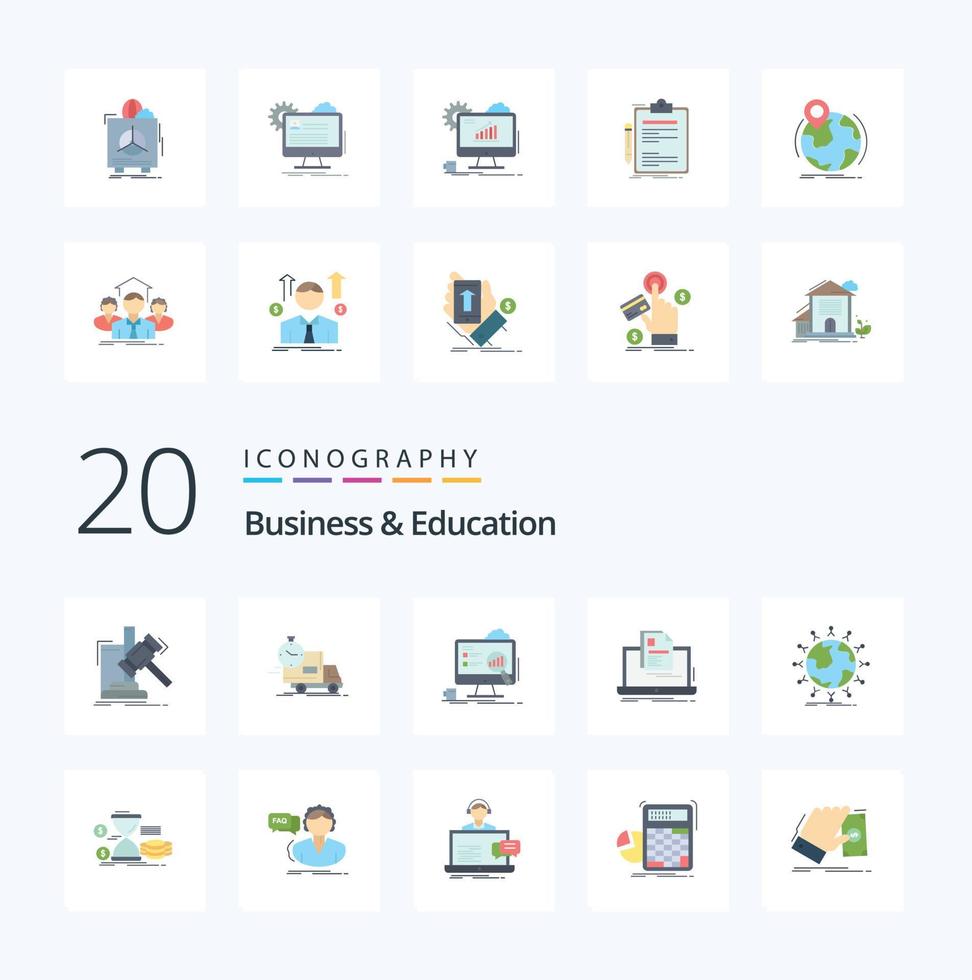 20 Business And Education Flat Color icon Pack like report account transport statistics presentation vector
