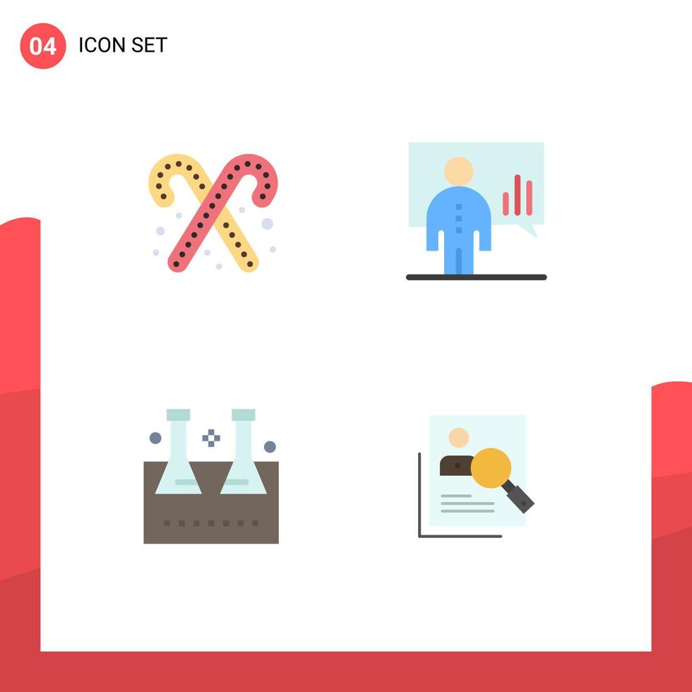 4 User Interface Flat Icon Pack of modern Signs and Symbols of candy cane chemical flask sweets chart lab flask Editable Vector Design Elements