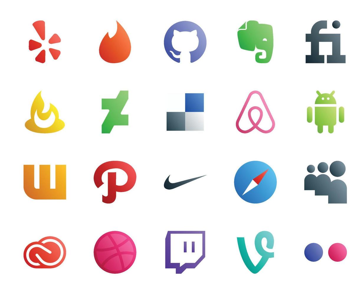 Paquete de 20 íconos de redes sociales que incluye el navegador cc myspace air bnb nike vector