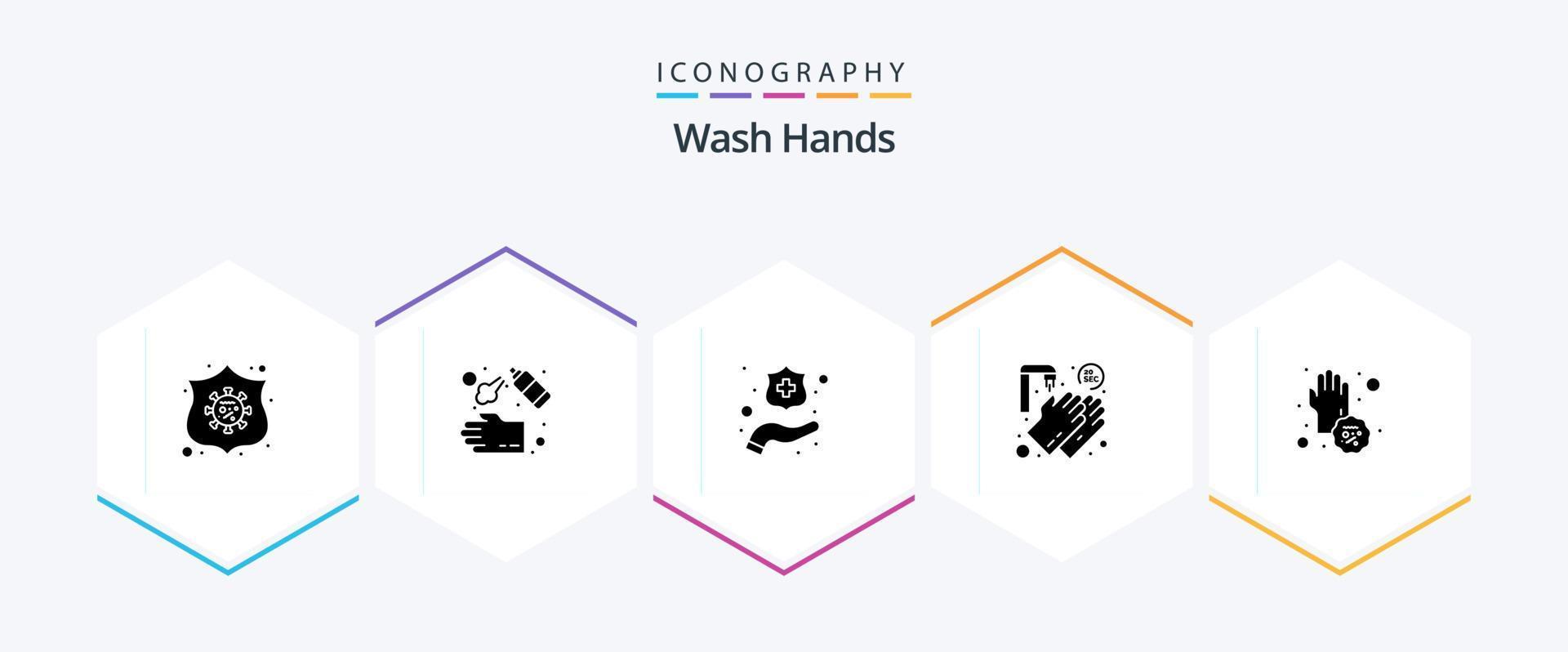 Wash Hands 25 Glyph icon pack including covid. twenty seconds. wash. washing. hands vector