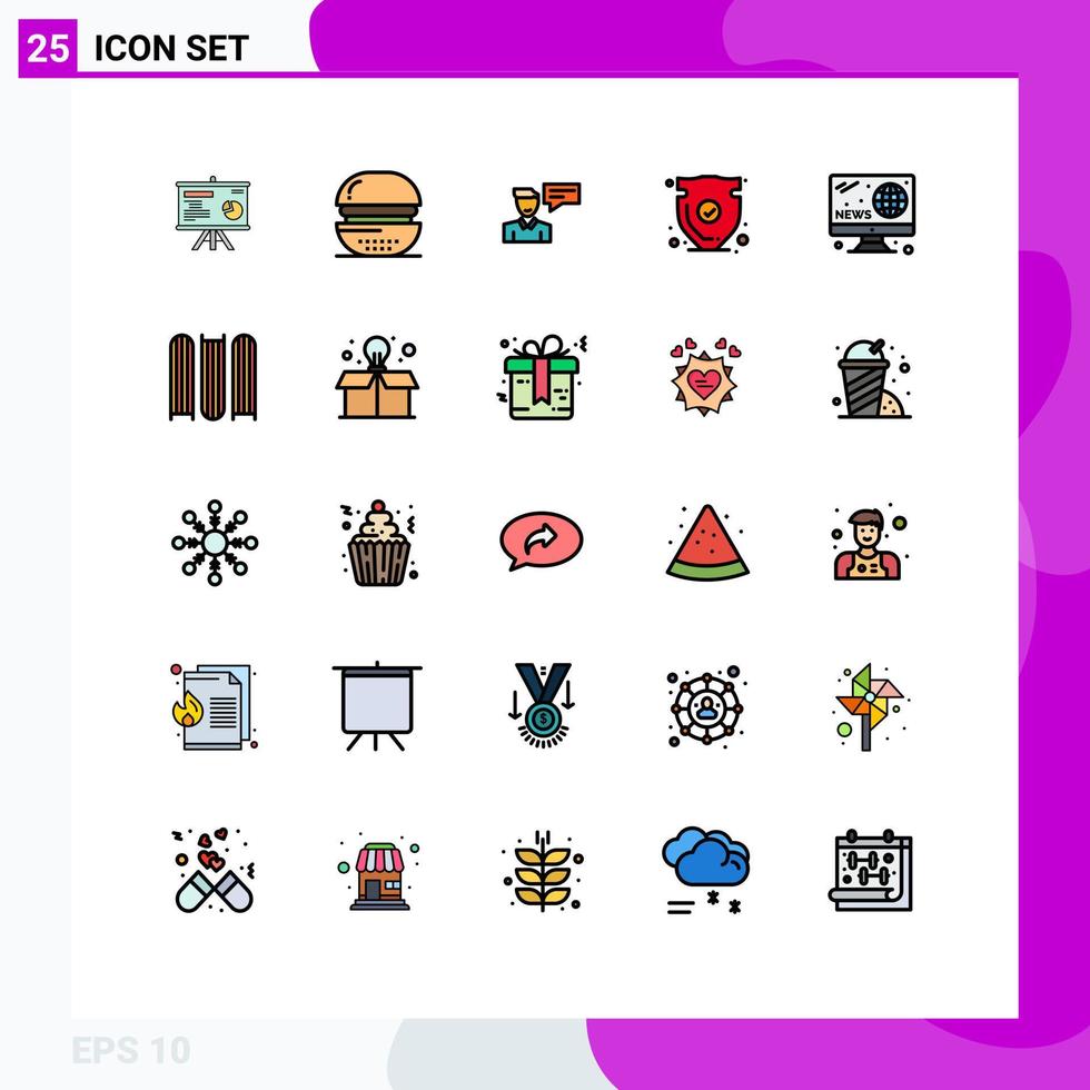 Group of 25 Modern Filled line Flat Colors Set for trust shield meal security man Editable Vector Design Elements