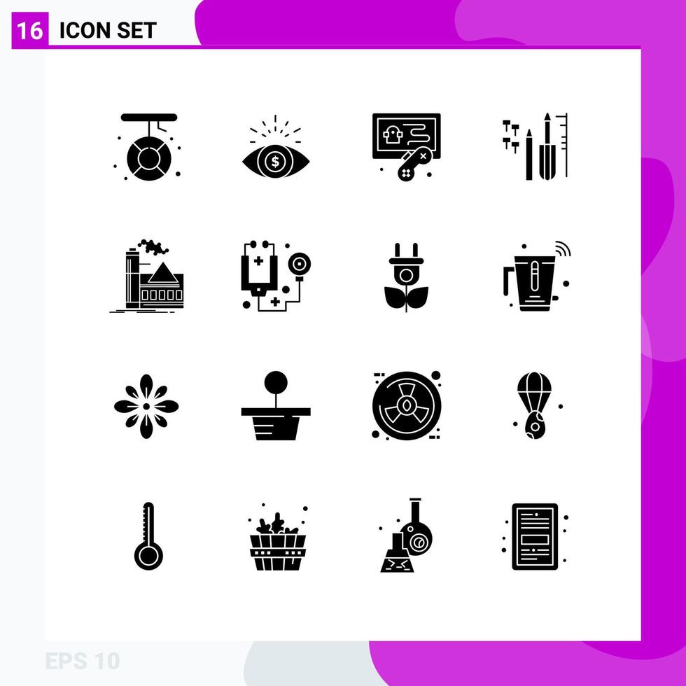Group of 16 Modern Solid Glyphs Set for air pollution hobbies equipment custom Editable Vector Design Elements