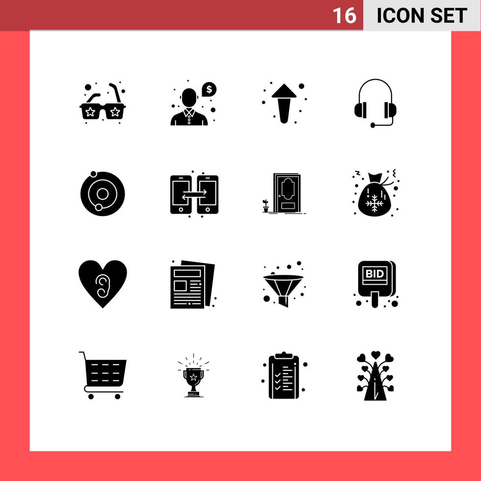 Modern Set of 16 Solid Glyphs and symbols such as connection system arrows solar headset Editable Vector Design Elements