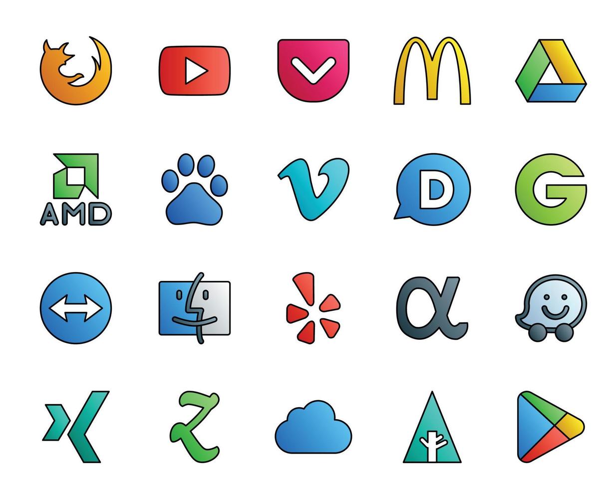 20 Social Media Icon Pack Including waze yelp baidu finder groupon vector