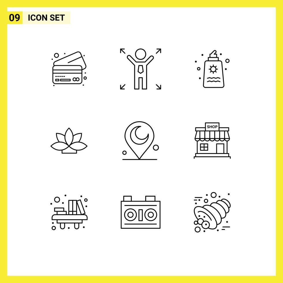 Editable Vector Line Pack of 9 Simple Outlines of religious minaret park plant india Editable Vector Design Elements