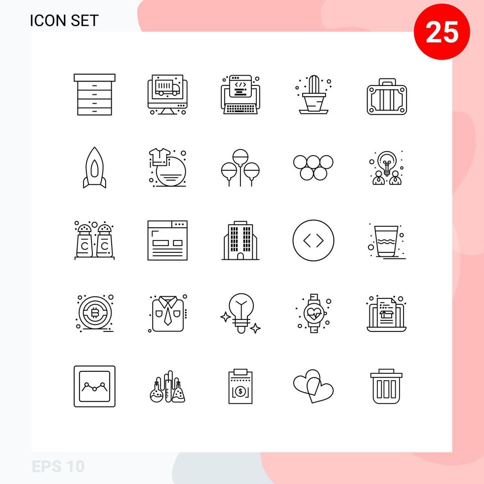 Pack of 25 Modern Lines Signs and Symbols for Web Print Media such as rocket transportation program holiday plant Editable Vector Design Elements