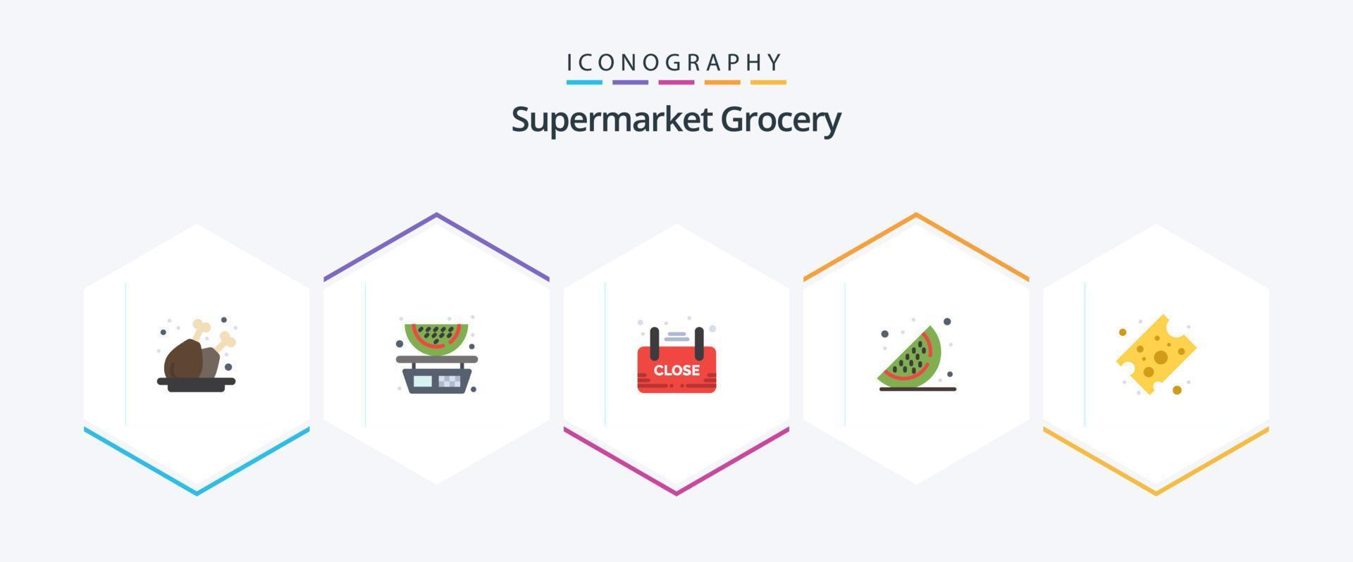 paquete de iconos planos de 25 comestibles que incluye comida. sandía. cerca. frutas tienda vector