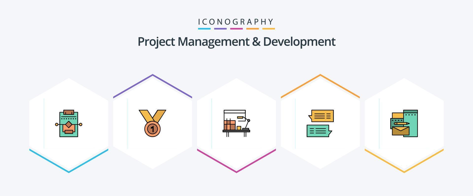 Project Management And Development 25 FilledLine icon pack including mail. chat. medal. table. desk vector