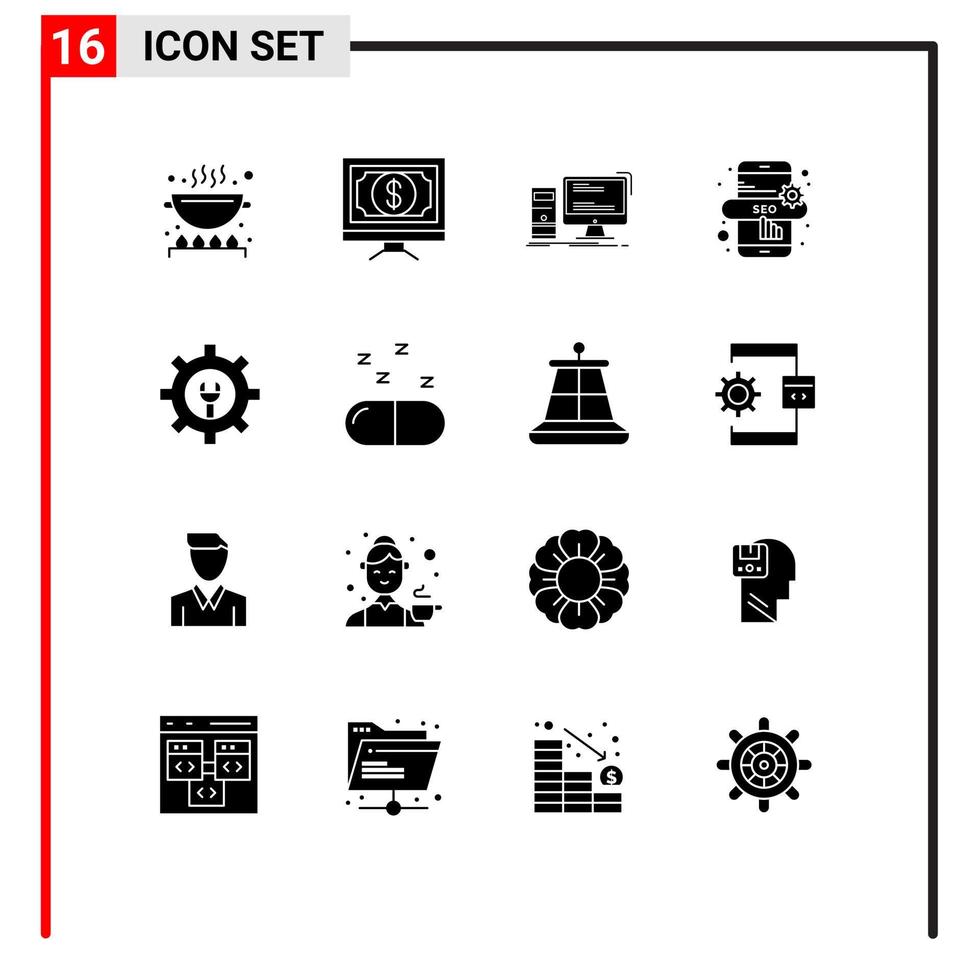 Group of 16 Solid Glyphs Signs and Symbols for setting seo online pay marketing pc Editable Vector Design Elements