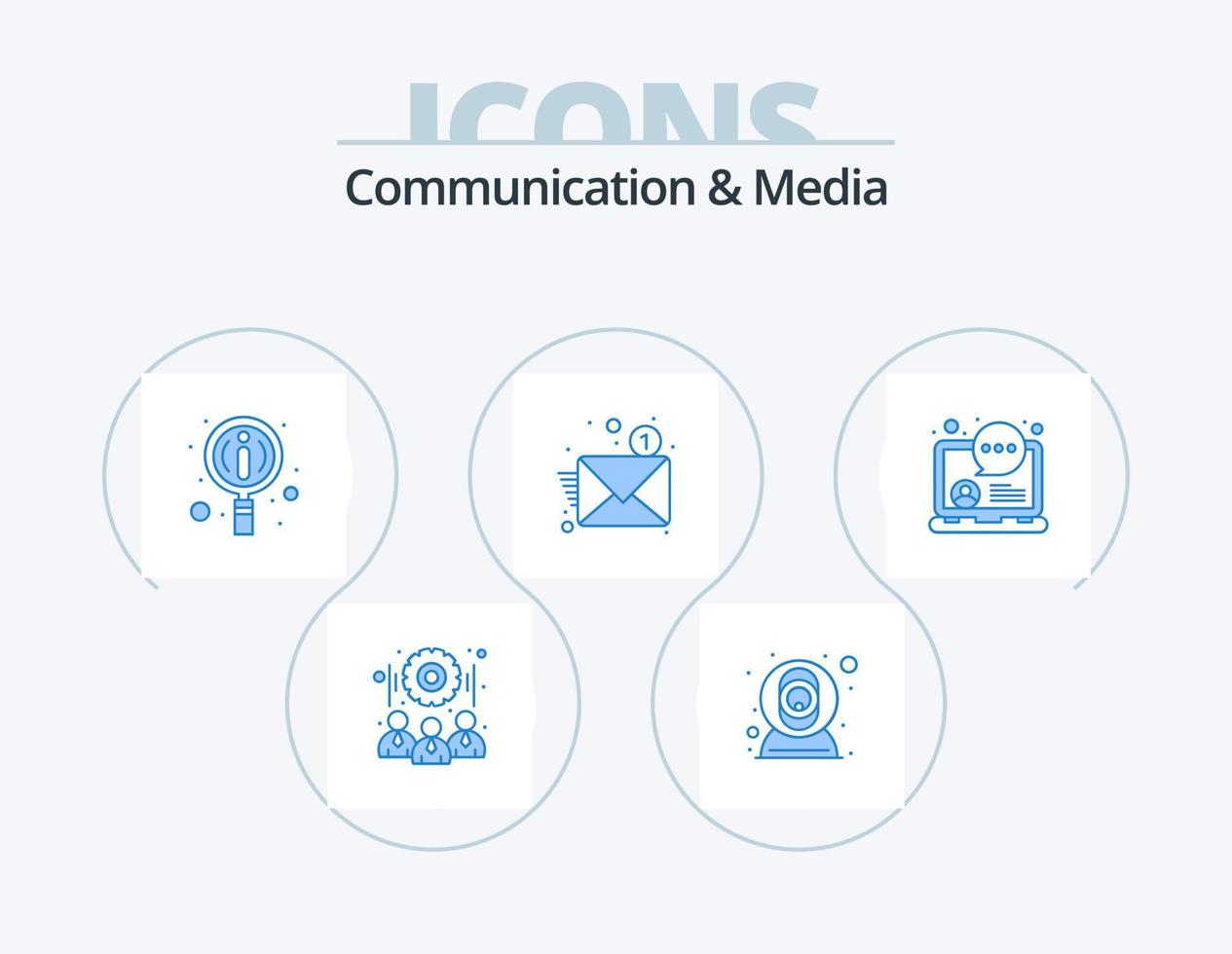 comunicación y medios blue icon pack 5 diseño de iconos. medios de comunicación. charla en línea información. carta. nuevo vector