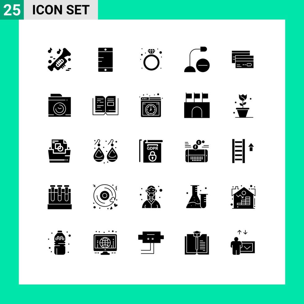 Universal Icon Symbols Group of 25 Modern Solid Glyphs of banking microphone present hardware devices Editable Vector Design Elements