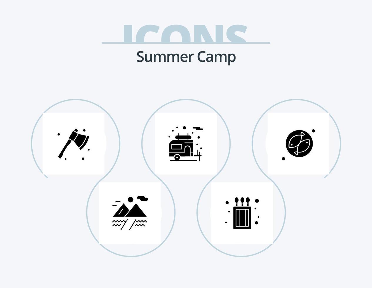 Summer Camp Glyph Icon Pack 5 Icon Design. . meet. camping. fish. motorhome vector