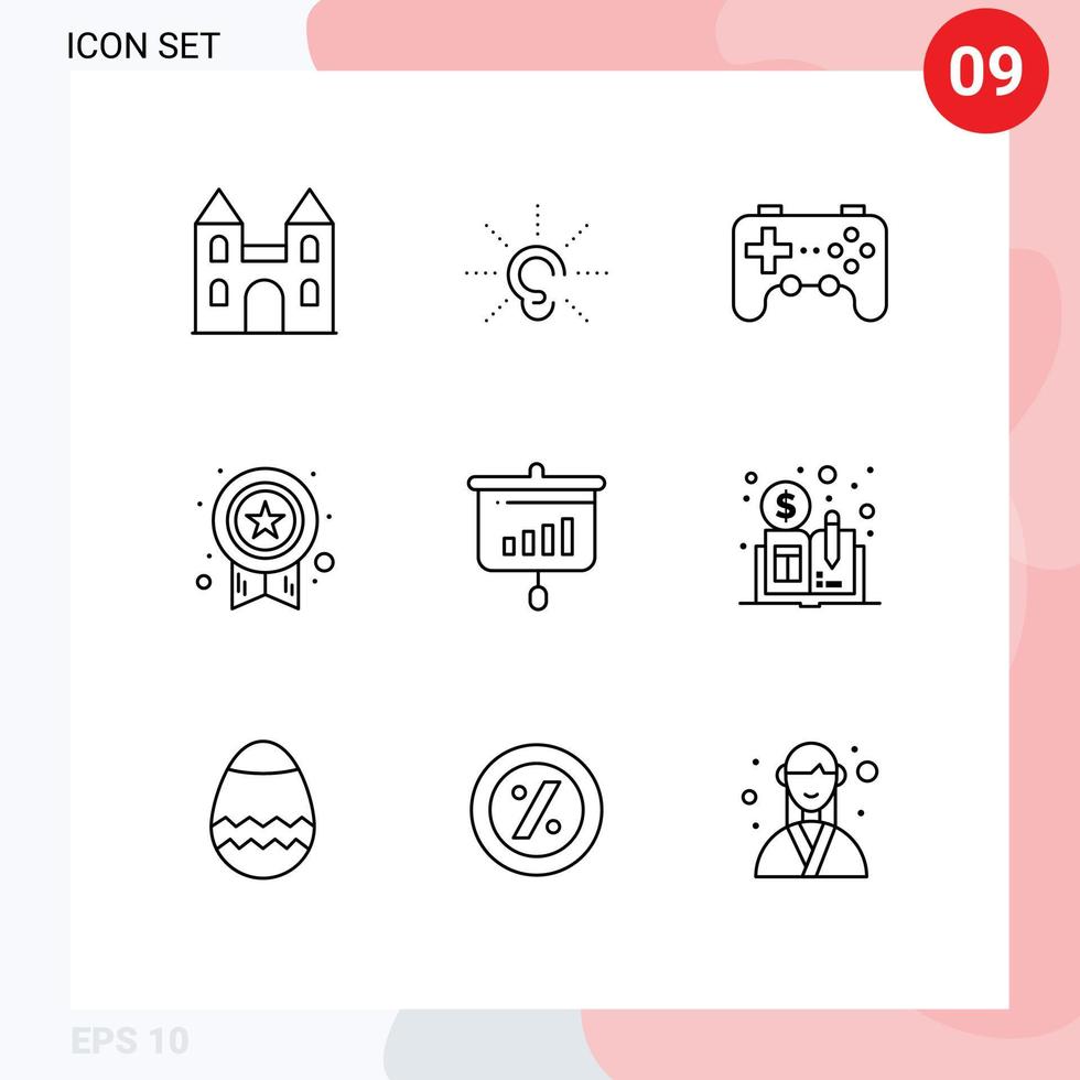 Modern Set of 9 Outlines Pictograph of chart star listen medal joystick Editable Vector Design Elements